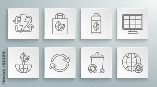 Set line Earth globe and leaf, Paper shopping bag with recycle, Refresh, Recycle bin symbol, Planet earth recycling, Recycling plastic bottle, Solar energy panel and Recharging icon. Vector