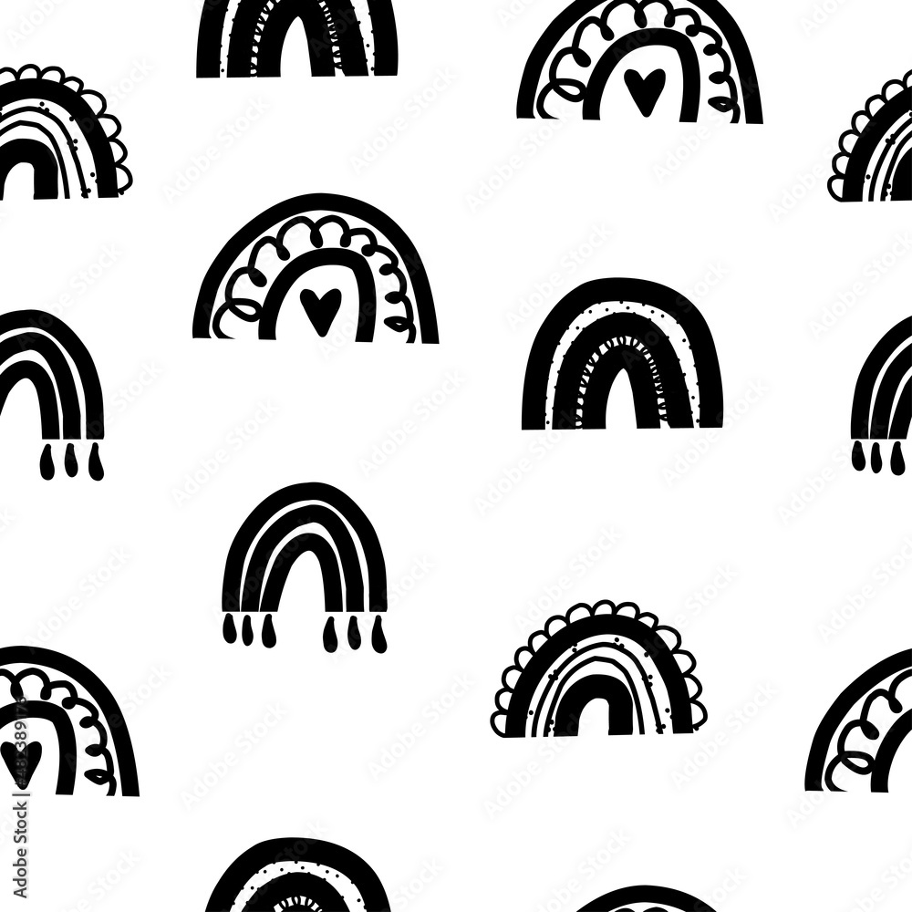 Childish seamless pattern with hand drawn rainbow and dots Childish seamless pattern with hand drawn rainbow and dots