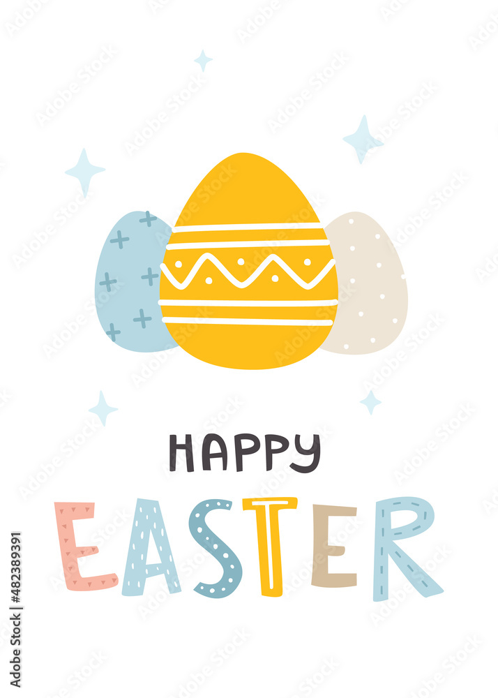 Fototapeta premium Poster with painted easter eggs. Doodle happy easter card.