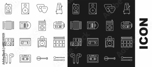 Set line Drum sticks, with drum, Music tape player, Guitar pick, Vinyl disk, Musical instrument accordion, and MP3 icon. Vector
