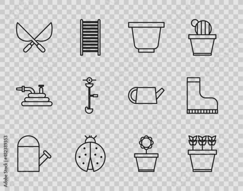 Set line Watering can, Plants pot, Flower, Ladybug, Gardening handmade scissors, Grass weed electric string trimmer, and Waterproof rubber boot icon. Vector