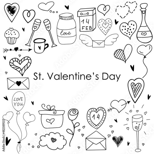 
Set of doodle elements for St. Valentine's Day greeting cards, stickers and posters. Hand drawn doodle illustration. EPS 10