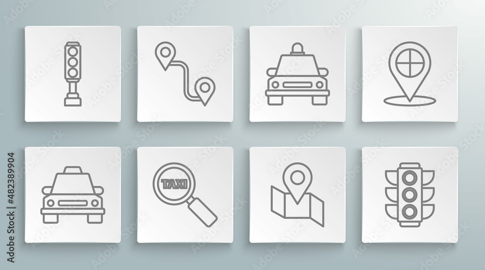 Set line Taxi car, Route location, Magnifying glass and taxi, Folded map with marker, Traffic light, Map pointer and icon. Vector Set line Taxi car, Route location, Magnifying glass and taxi, Folded map with marker, Traffic light, Map pointer and icon. Vector