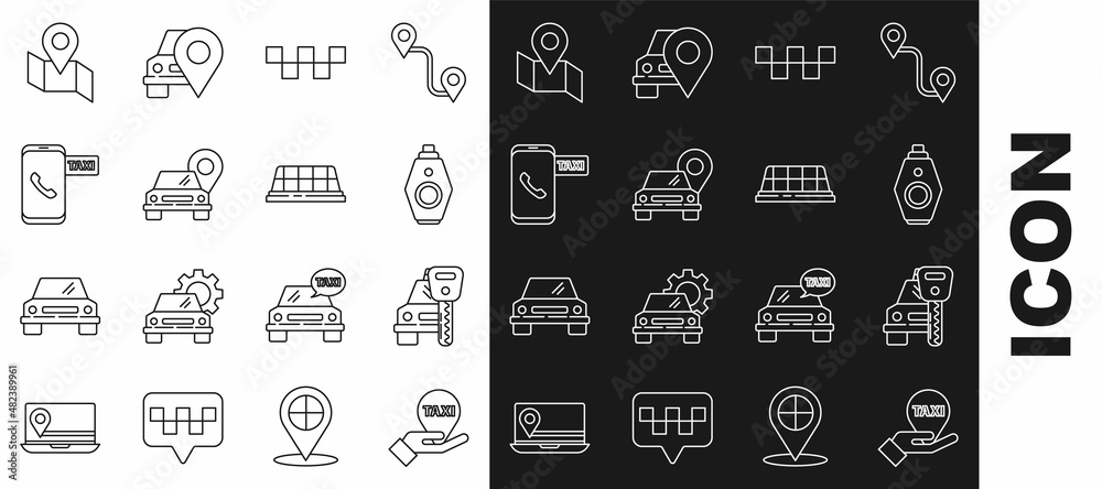 Set line Hand on map pointer with taxi, Car rental, key remote, Taxi car roof, Map, call telephone service, Folded location marker and icon. Vector Set line Hand on map pointer with taxi, Car rental, key remote, Taxi car roof, Map, call telephone service, Folded location marker and icon. Vector