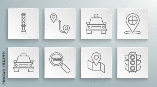 Set line Taxi car, Route location, Magnifying glass and taxi, Folded map with marker, Traffic light, Map pointer and icon. Vector