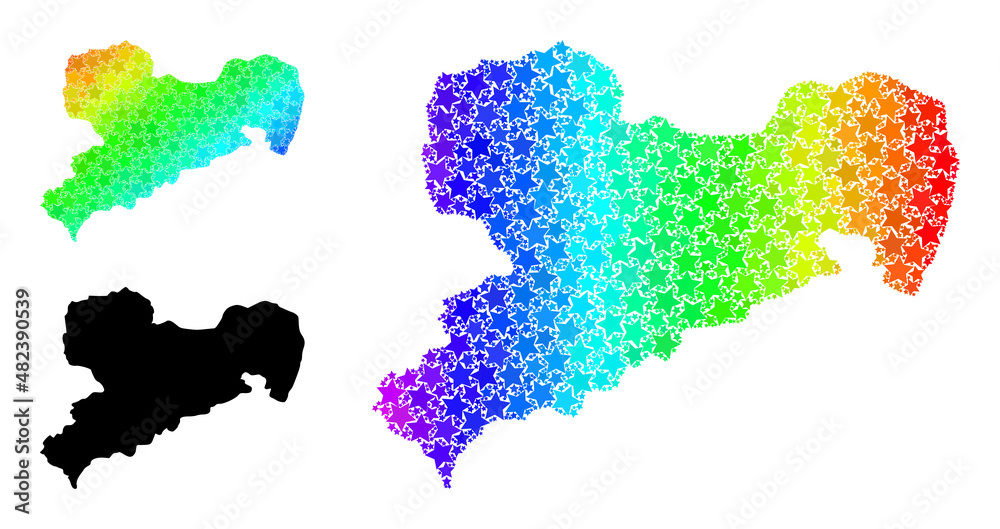 Spectral gradient stars collage map of Saxony State. Vector colored map of Saxony State with spectral gradients. Mosaic map of Saxony State collage is composed with random colored star elements.