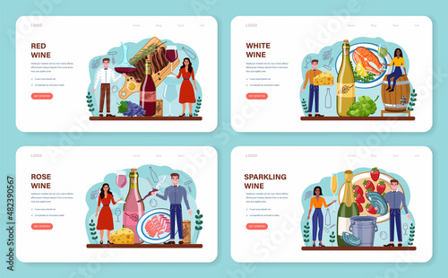 Wine web banner or landing page set. Grape wine in a bottle and glass