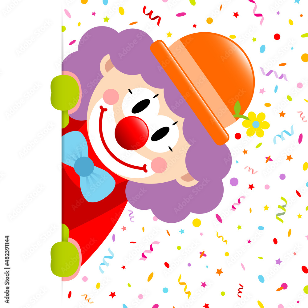 Clown Lila Haare Luftschlangen Und Konfetti Banner Vertikal