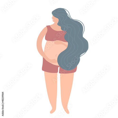 Busty pregnant woman hugs her belly. A future mother with a round belly. maternity
