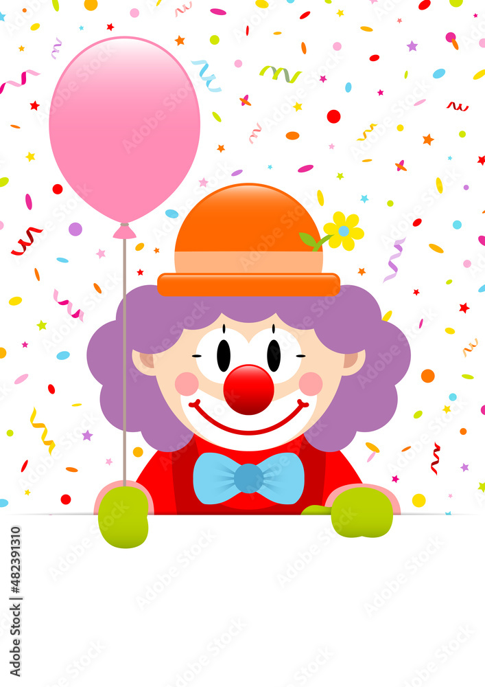 Clown Lila Haare Hält Pinken Luftballon Banner Luftschlangen Und Konfetti Clown Lila Haare Hält Pinken Luftballon Banner Luftschlangen Und Konfetti