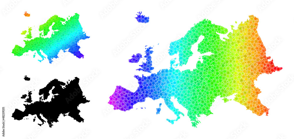 Spectrum gradiented star mosaic map of Europe. Vector colorful map of Europe with spectrum gradients. Mosaic map of Europe collage is created of random colorful star parts.