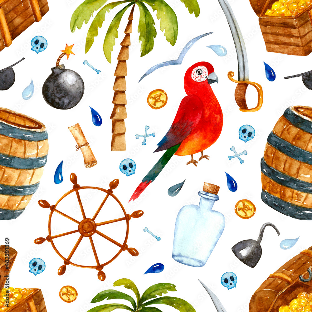 Watercolor hand drawn illustration Pirate seamless pattern with flag ...