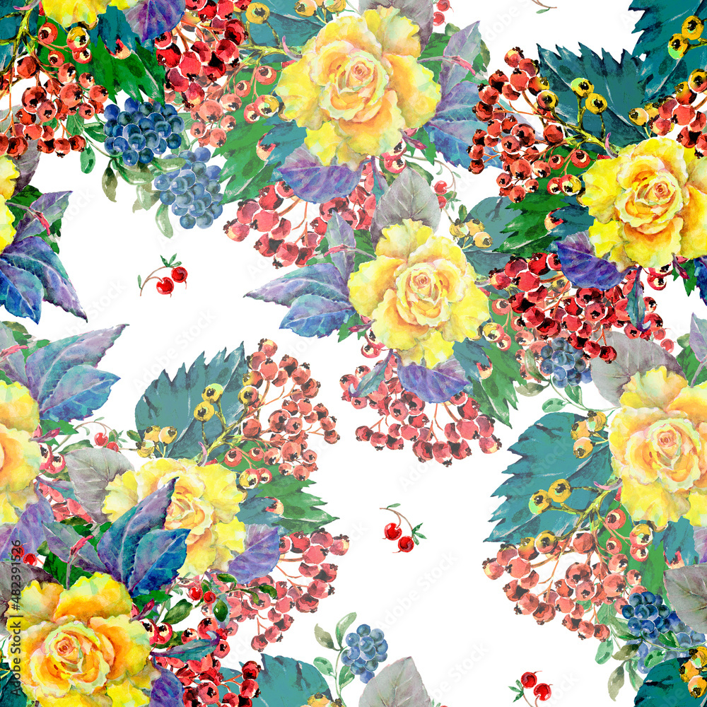 Watercolor seamless floral pattern with yellow  rose and red berry.