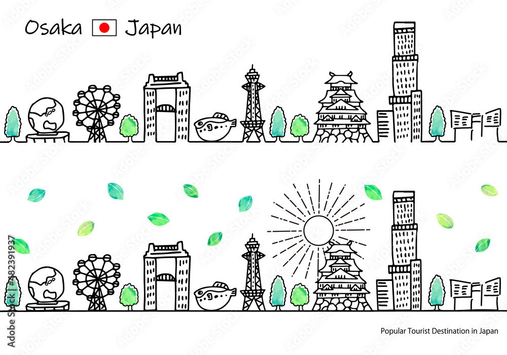 Obraz premium 手描きの夏の大阪の街並みと太陽のシンプル線画セット