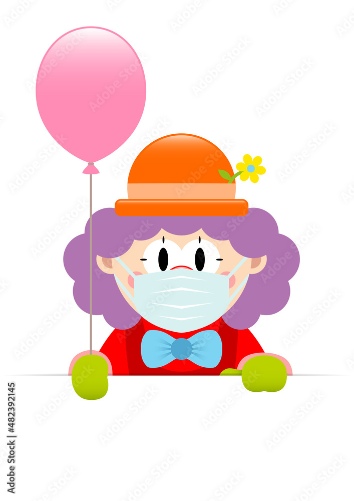 Clown Maske Lila Haare Hält Roten Luftballon Banner Clown Maske Lila Haare Hält Roten Luftballon Banner