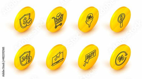 Set line Discount percent tag, Buy button, Laptop and cursor, Shield with dollar, Magnifying glass, Lead management, Shopping cart check mark and icon. Vector