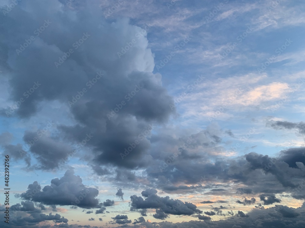 Blue sky with fluffy evening clouds