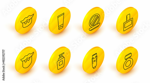 Set line Aftershave, Electrical hair clipper or shaver, Bottle of shampoo, Mustache and beard, Makeup powder with mirror, Cream lotion cosmetic tube and icon. Vector