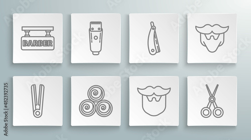 Set line Curling iron for hair, Electrical clipper shaver, Towel rolls, Mustache and beard, Scissors hairdresser, Straight razor, and Barbershop icon. Vector