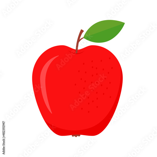 Red apple. Sweet cute flat apple with green leaf. Vector isolated on white.