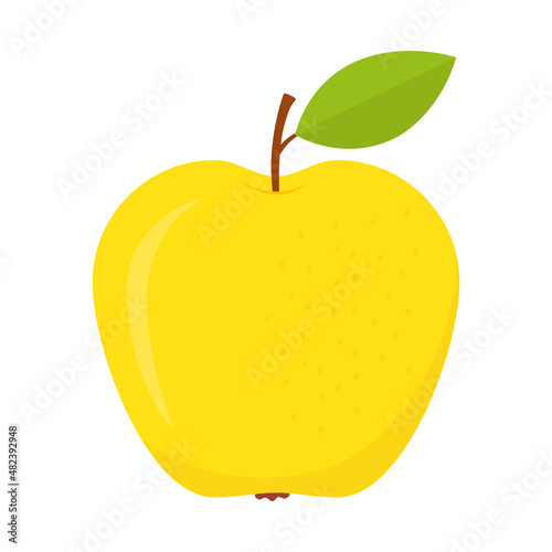 Yellow apple. Sweet cute flat apple with green leaf. Vector isolated on white.