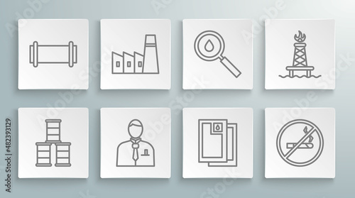 Set line Barrel oil, Oil industrial factory building, Businessman stock market trader, No Smoking, drop, rig with fire and Industry pipe icon. Vector