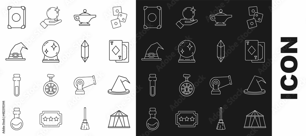 Set line Circus tent, Witch hat, Playing cards, Magic lamp or Aladdin, ball, Ancient magic book and stone icon. Vector