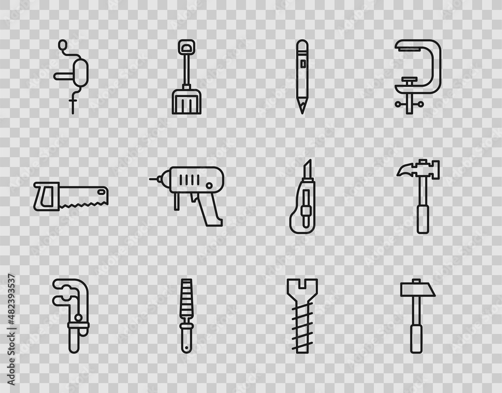 Fototapeta premium Set line Clamp tool, Hammer, Pencil with eraser, Chisel for wood, Hand drill, Electric machine, Metallic screw and Claw hammer icon. Vector