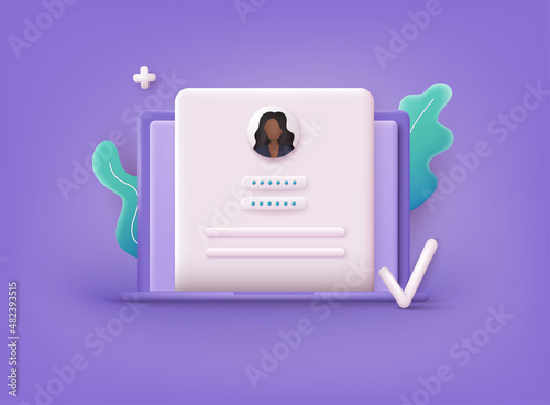 Sign in to online account.Computer and account login and password form page on screen. User authorization, login authentication page concept.Secure login and password. 3D Web Vector Illustration. photo