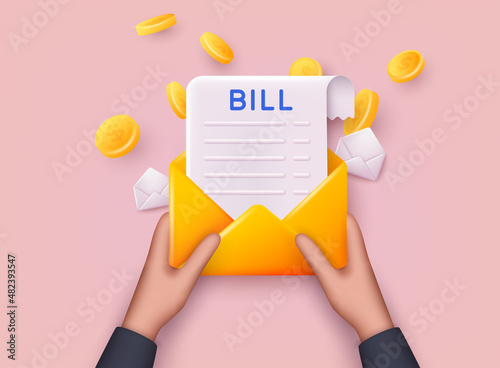 Hands holding mail paying bills. Payment of utility, bank, restaurant and other bill. 3D Web Vector Illustrations.