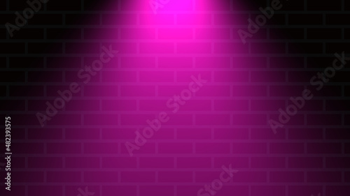 Empty brick wall with pink neon spotlight with copy space. Ligh effect pink color glow on brick wall background. Royalty high-quality free stock photo of lights blank background for design