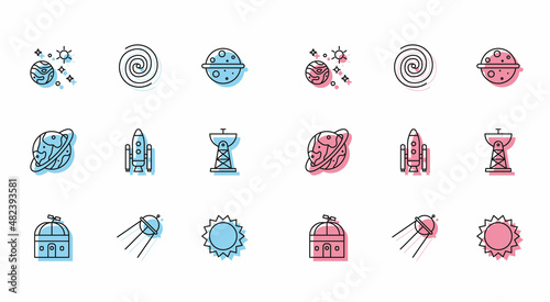 Set line Astronomical observatory, Satellite, Space and planet, Sun, shuttle rockets, dish, capsule parachute and Black hole icon. Vector