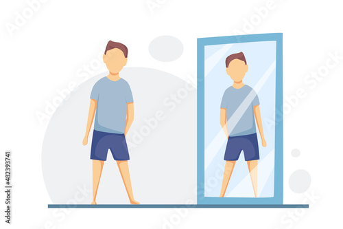 A man looks at his reflection in a full-length mirror. Love yourself, self care, self acceptance concept. Vector cartoon illustration.