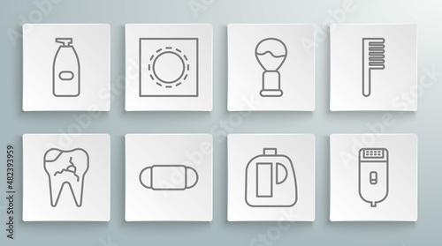 Set line Broken tooth, Medical protective mask, Bottles for cleaning agent, Electrical hair clipper shaver, Shaving brush, Hairbrush and of liquid antibacterial soap icon. Vector