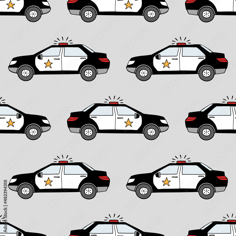 Hand drawn police cars seamless vector pattern. Perfect for textile, wallpaper or print design. 