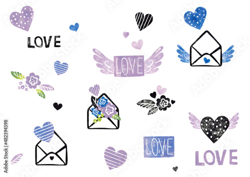 А set of icons for weddings, valentine's day, confessions. The illustration is made in the technique of linocut. Unique stamp texture.