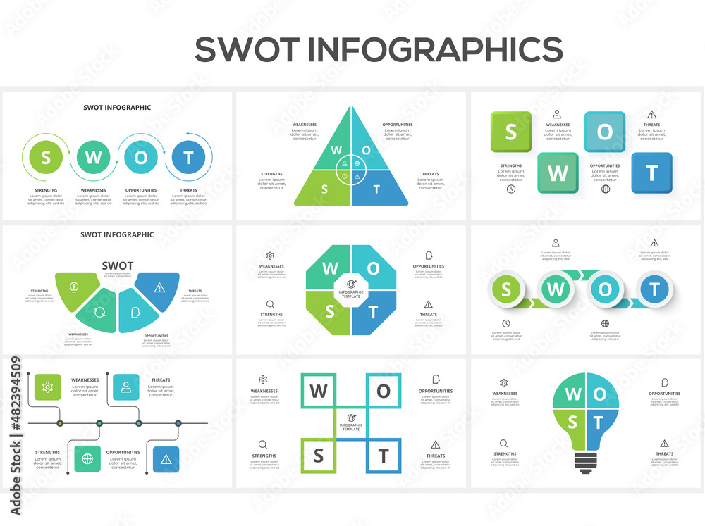 Set swot diagram with 4 steps, options, parts or processes. Threats, weaknesses, strengths, opportunities of the company Set swot diagram with 4 steps, options, parts or processes. Threats, weaknesses, strengths, opportunities of the company