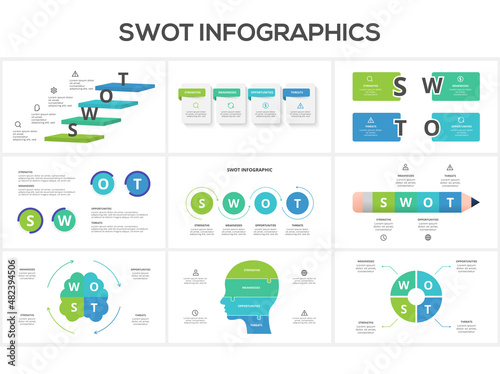 Set swot diagram with 4 steps, options, parts or processes. Threats, weaknesses, strengths, opportunities of the company