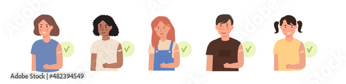 Set of school kids got a vaccine. Group of diverse vaccinated pupils. Children vaccination. Little characters with bandage on shoulder from injection and green check mark. Vector illustration isolated