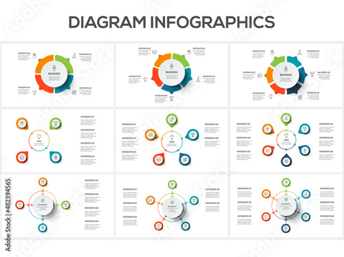 Set diagram with 4, 5, 6 steps, options, parts or processes. Business data visualization.