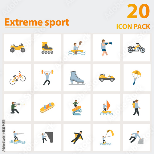 Extreme Sport icon set. Collection of simple elements such as the atv, roller skate, rafting, ice skating, go kart, paintball, boxing.