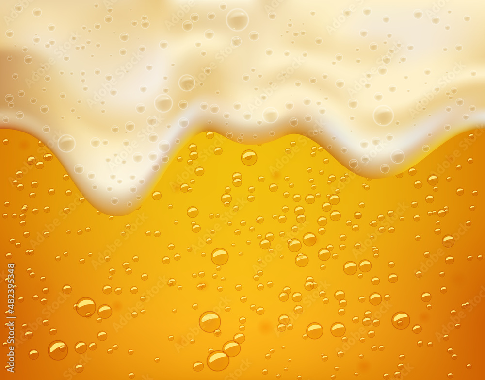 Lager, realistic background golden craft beer with foam and bubbles. - obrazy, fototapety, plakaty 