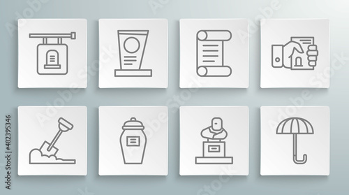 Set line Shovel in the ground, Grave with tombstone, Funeral urn, Umbrella, Decree, parchment, scroll, Death certificate hand and Signboard icon. Vector