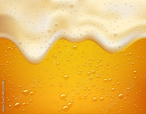 Lager, realistic background golden craft beer with foam and bubbles.