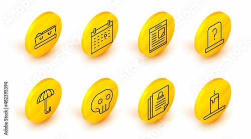 Set line Burning candle, Death certificate, Skull, Umbrella, Grave with tombstone, Obituaries, Calendar death and Coffin dead icon. Vector