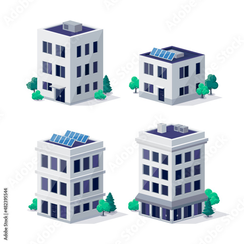 Residence apartment house city urban old town historic office home buildings illustrations in 3d dimetric isometric view. Suburban hotel building with solar panels. Isolated vector illustration.
