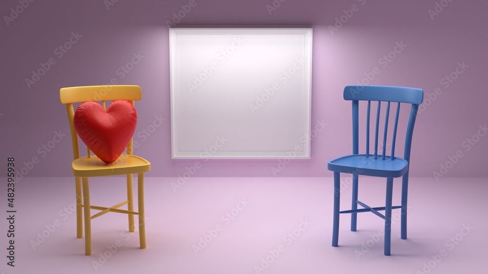 Heart on wooden chairs. Blank white board with frame in pink room minimal idea creative concept Heart on wooden chairs. Blank white board with frame in pink room minimal idea creative concept