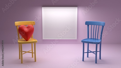 Fototapeta Naklejka Na Ścianę i Meble -  Heart on wooden chairs. Blank white board with frame in pink room minimal idea creative concept