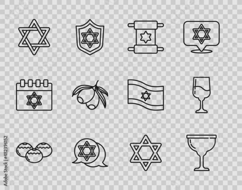 Set line Jewish sweet bakery, goblet, Torah scroll, Star of David, Olives branch, and icon. Vector
