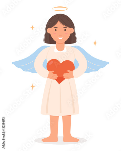 Cute little angel girl holding a heart in her hands. Vector illustration in flat style